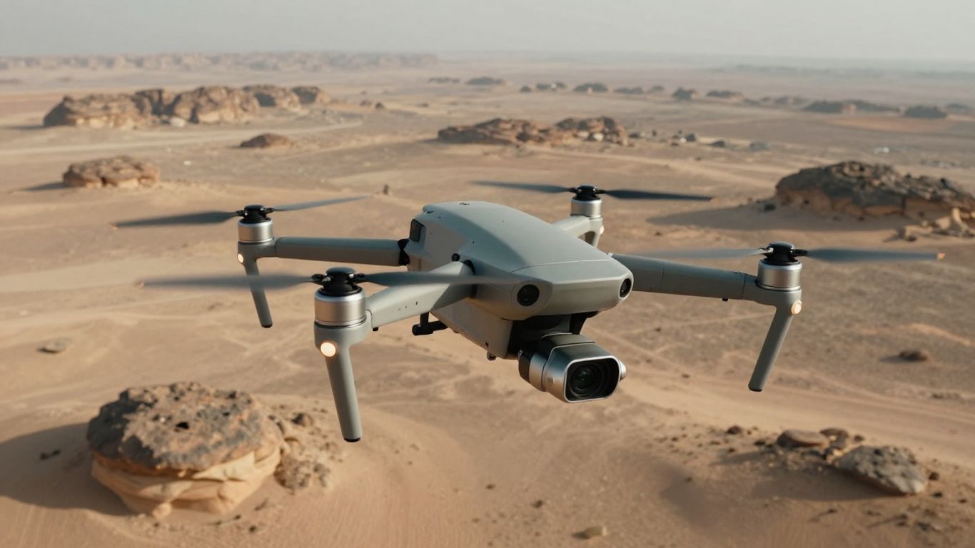 Drone flying over desert landscape.