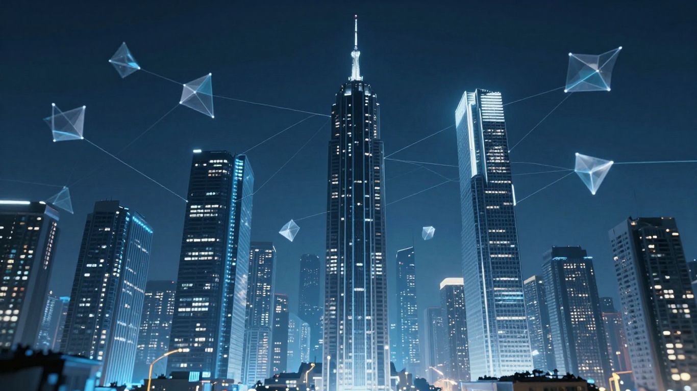 Futuristic cityscape with glowing digital streams and geometric shapes.