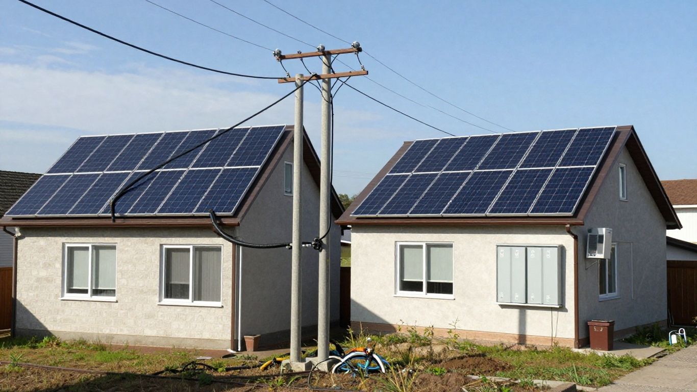 Solar panels on a house, connected to grid and batteries.