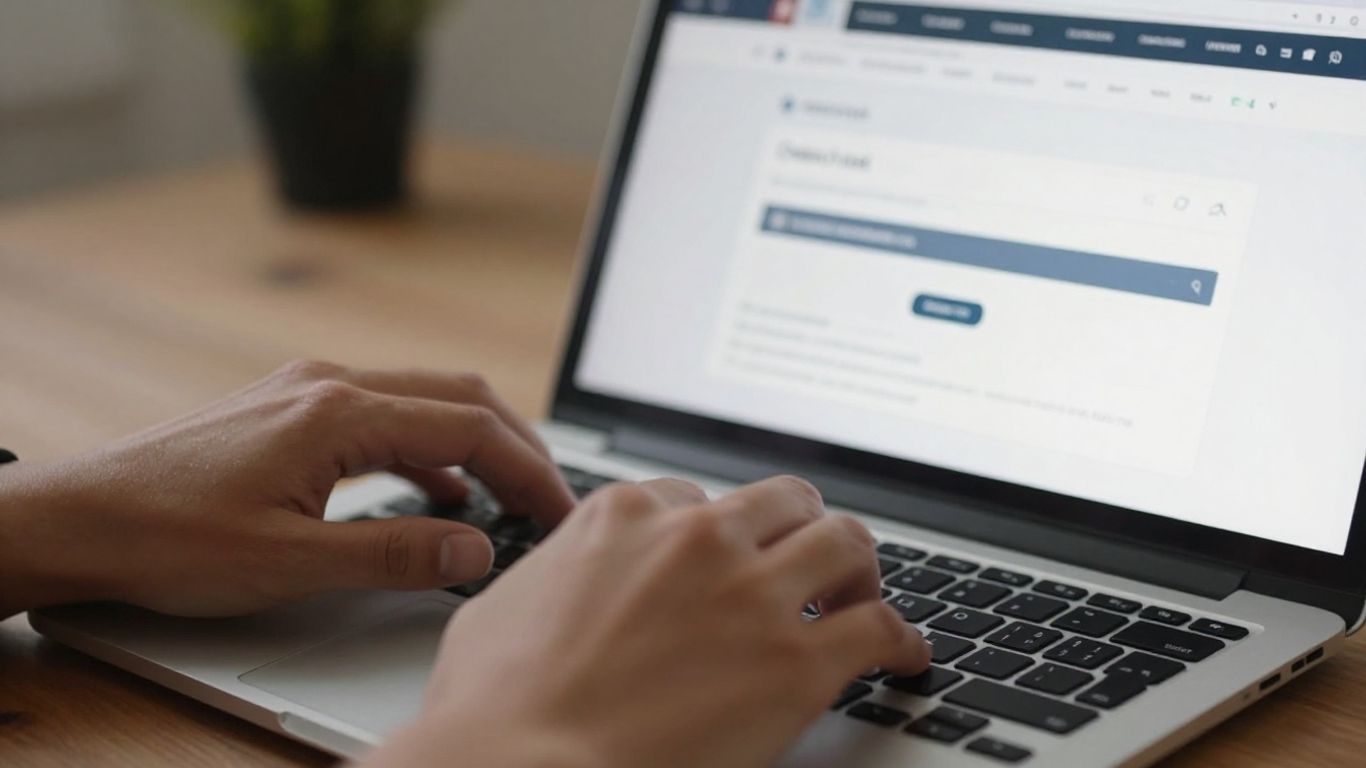 Hands typing on a laptop, searching a website for contact info.