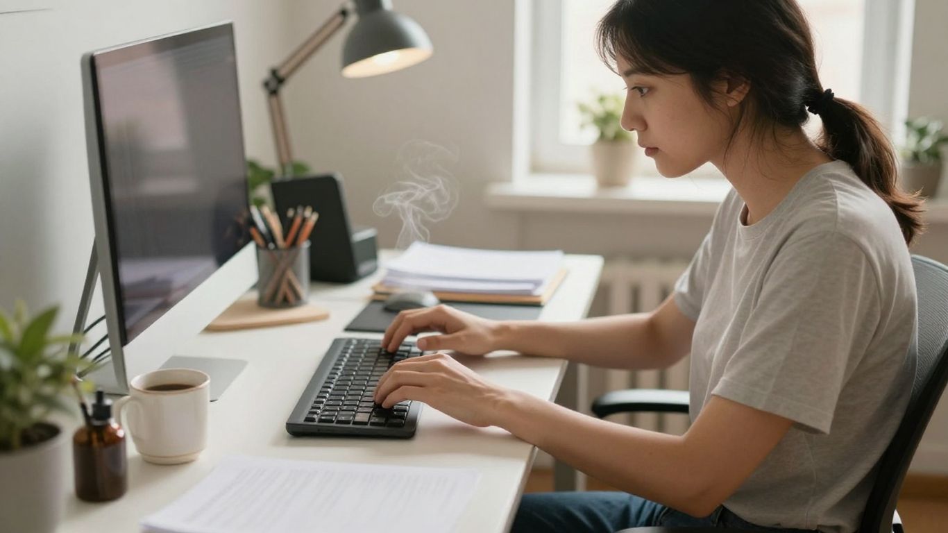 Person working at home office desk with focus.