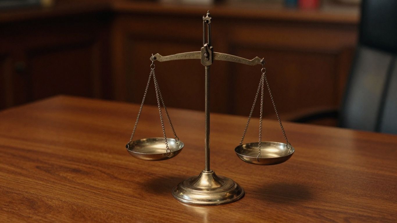 Balanced scales of justice sitting on a polished desk