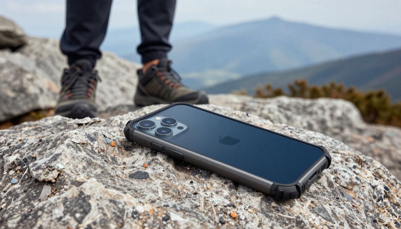 A person hiking in the Blue Mountains accidentally drops their iPhone, which is protected by a rugged case and lands safely on a rock.