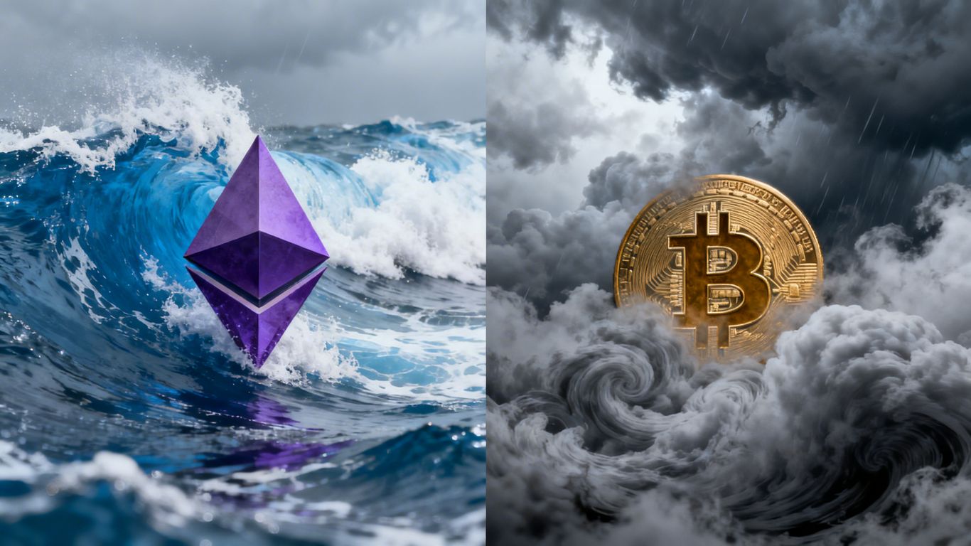 Ethereum and Bitcoin logos amidst stormy market conditions.