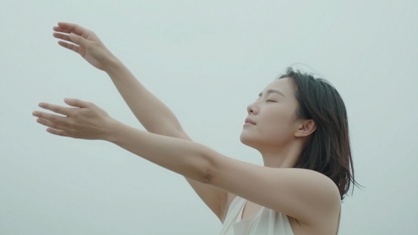 Person stretching upwards, finding peace and releasing tension.