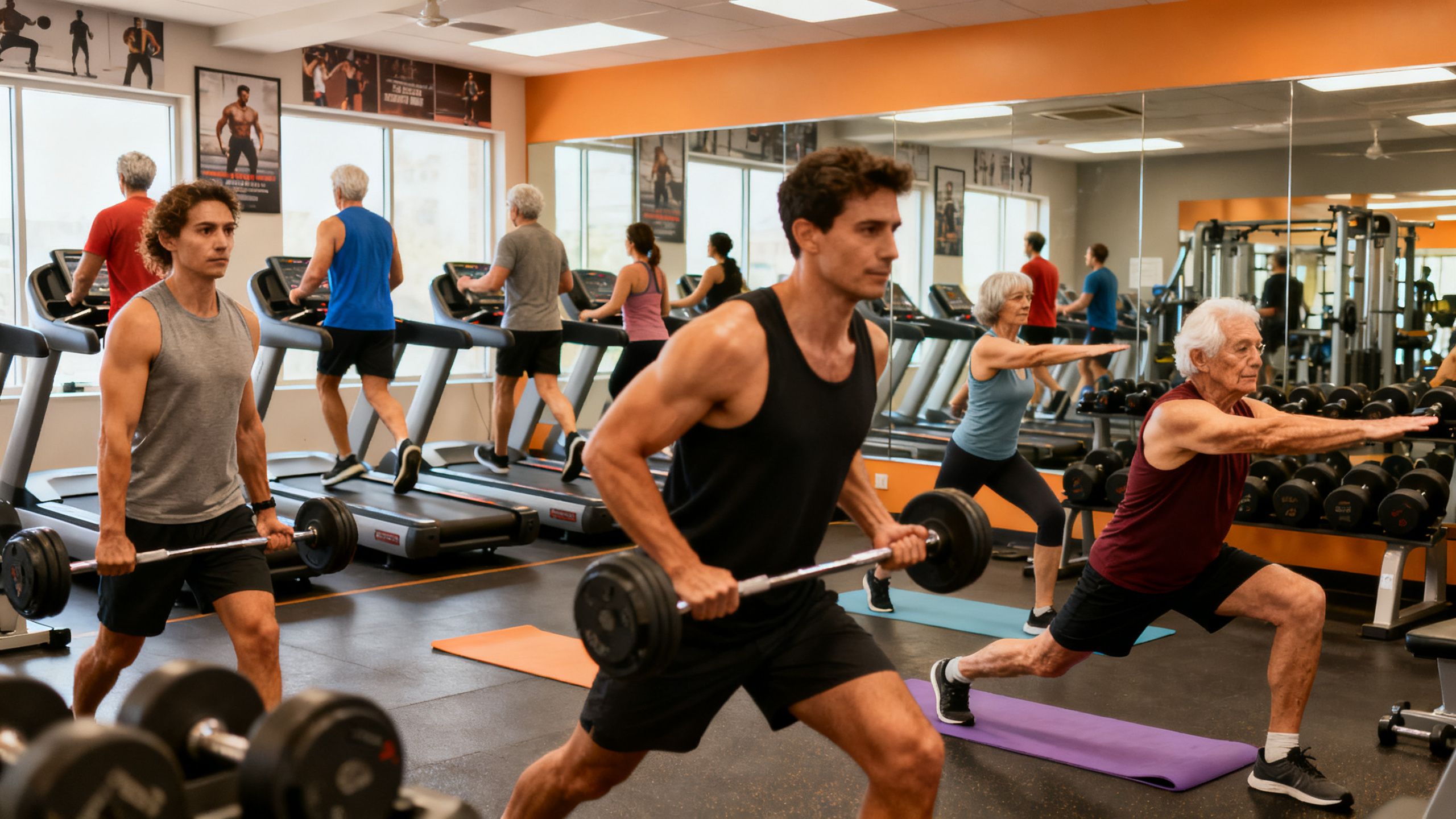 A diverse group of determined men and women of various ages working out in a gym, representing the target audience for personalized coaching.