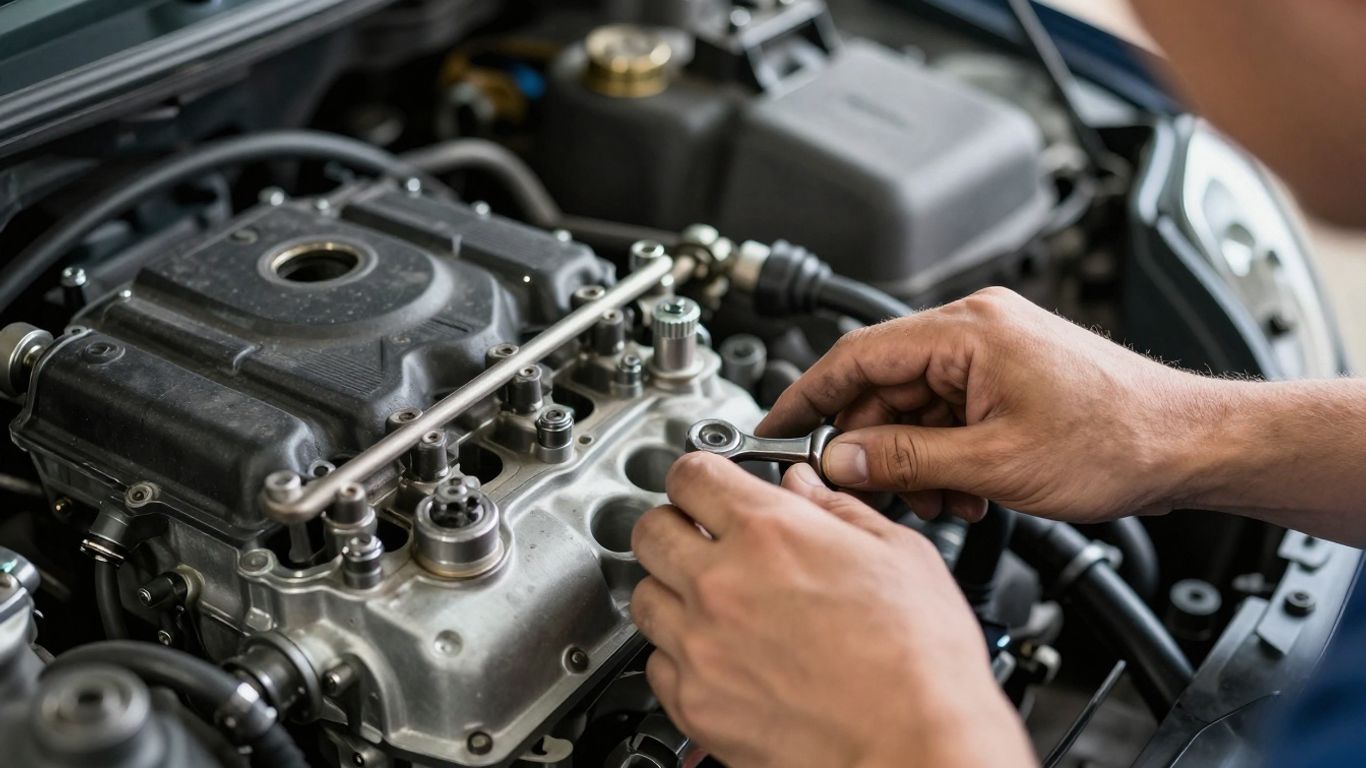 Mechanic inspecting a used car engine for sale.