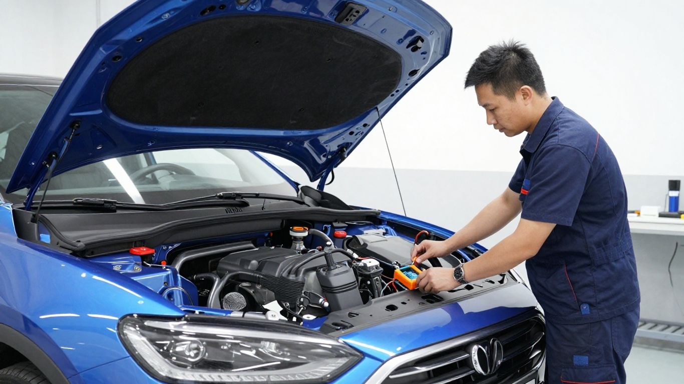 Technician inspecting electric vehicle