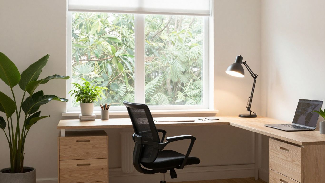 Helles Home Office mit Schreibtischlampe und Tageslicht.