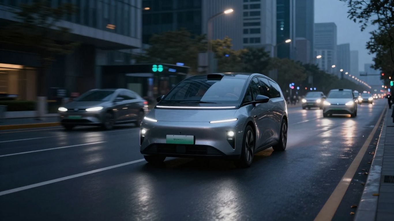 Mașină electrică autonomă pe o stradă modernă.