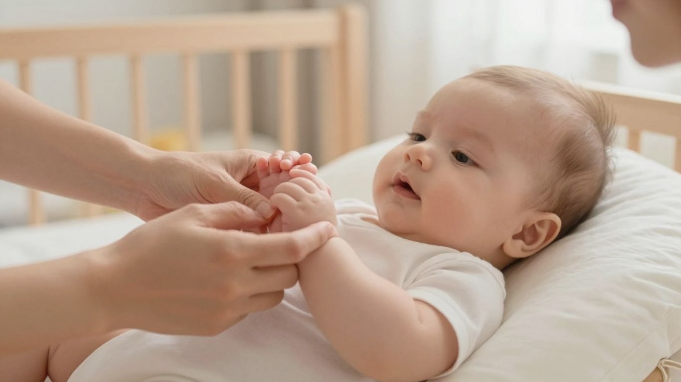 Madre masajeando los pies de su bebé con ternura.