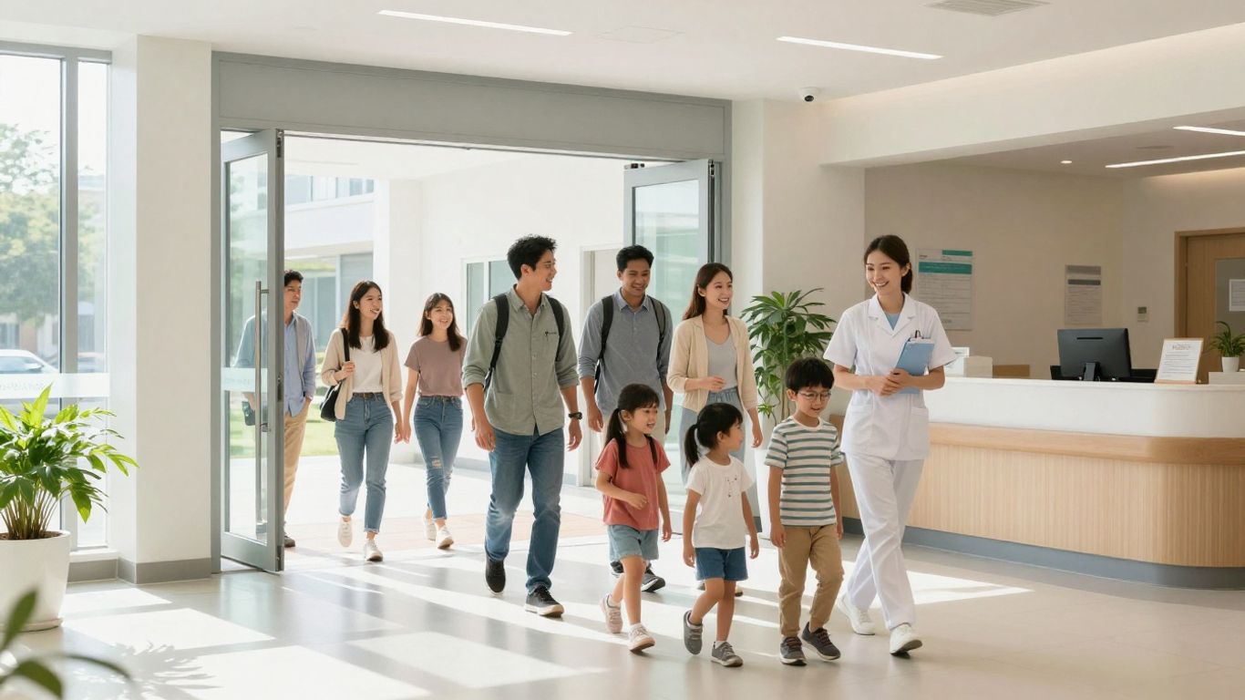 Parents and children entering a welcoming hospital.