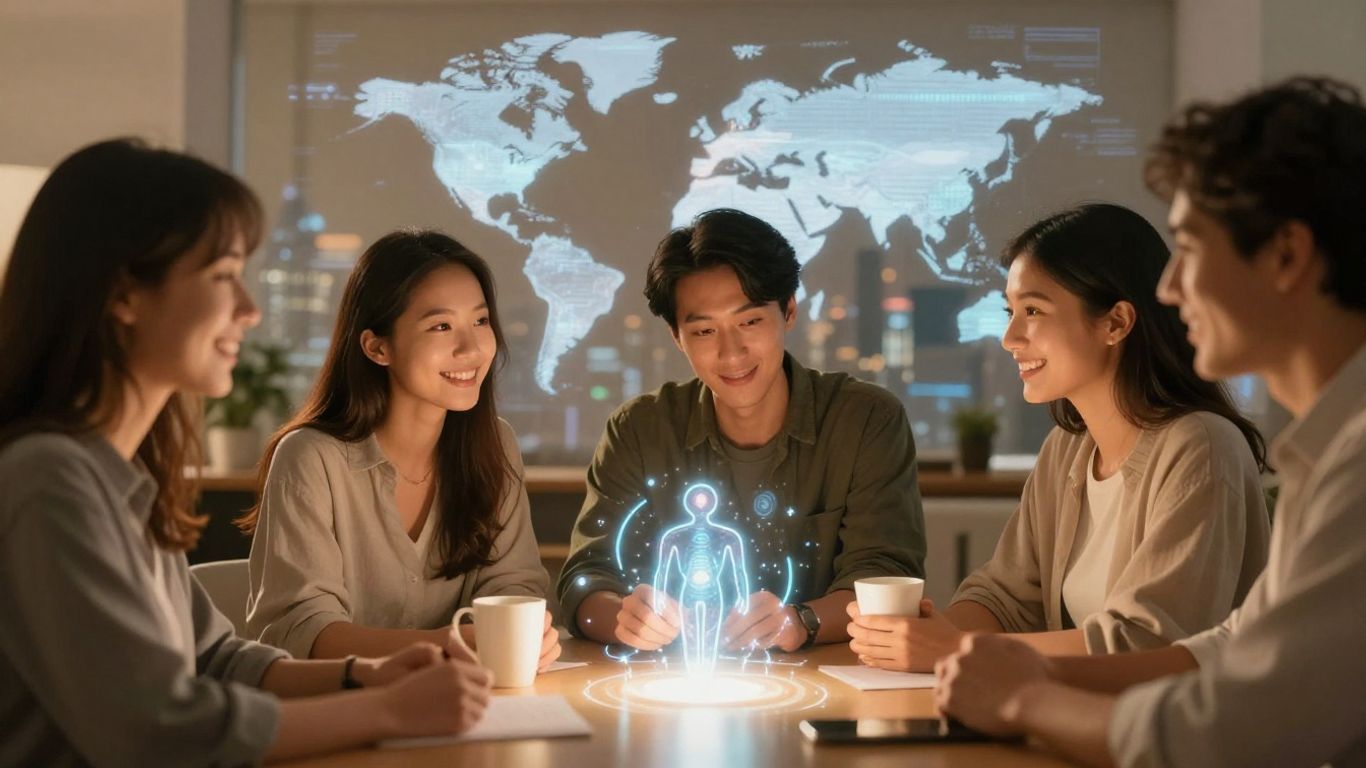 People interacting with AI, community empowerment, future technology.