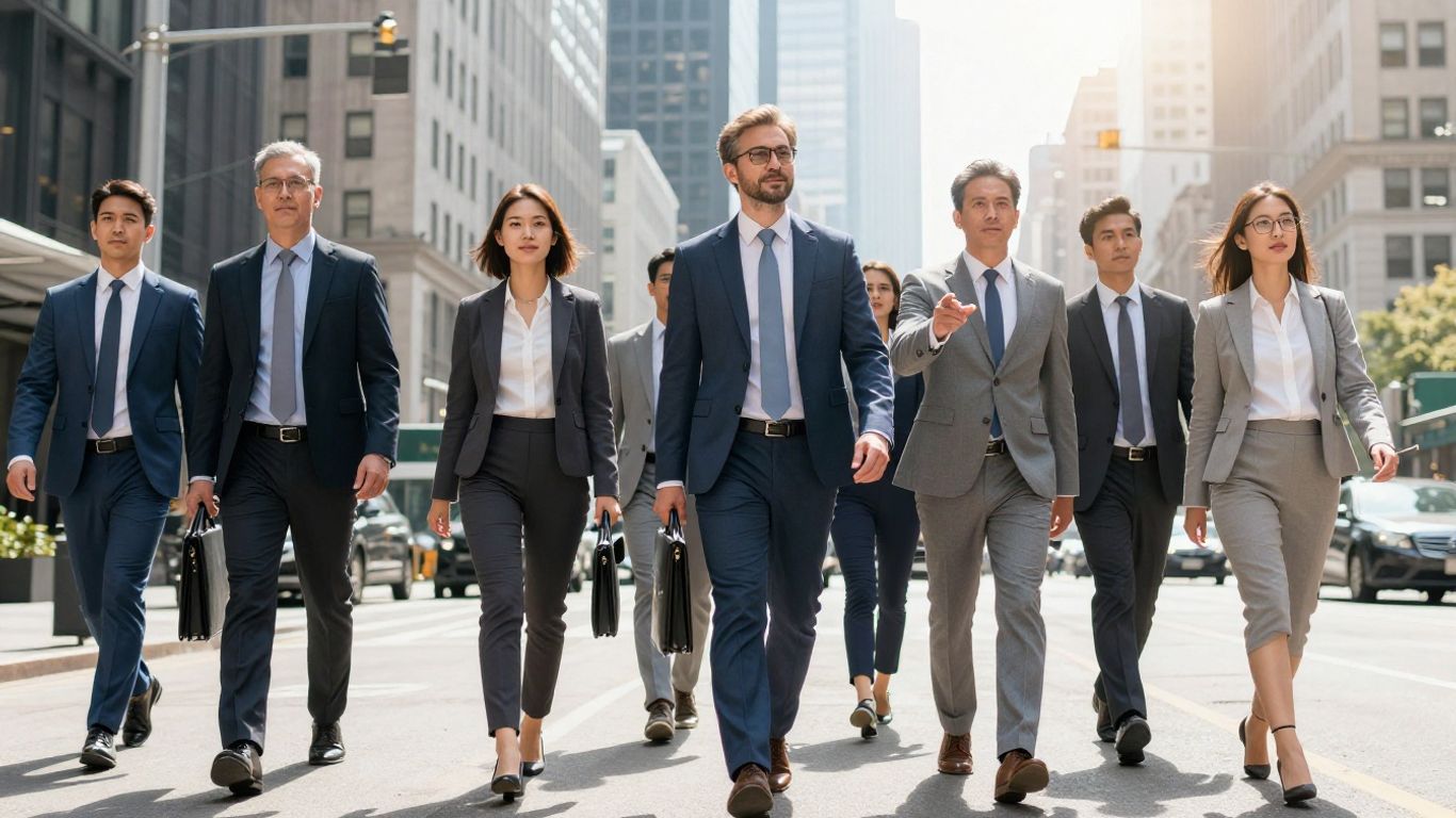 Business professionals advancing towards a bright future.