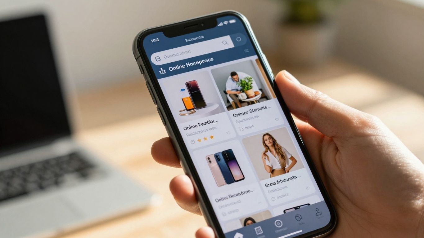 Hand holding phone with affiliate product marketplace