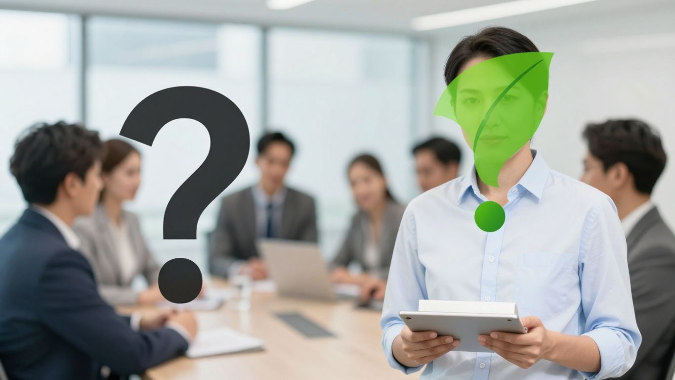 Question mark over business meeting, person holding product.