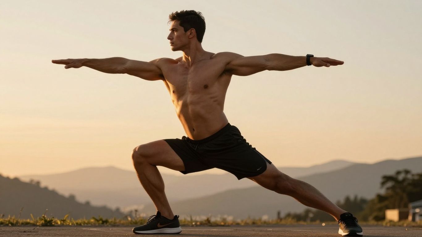 Homme musclé s'étirant au coucher du soleil, ambiance paisible.