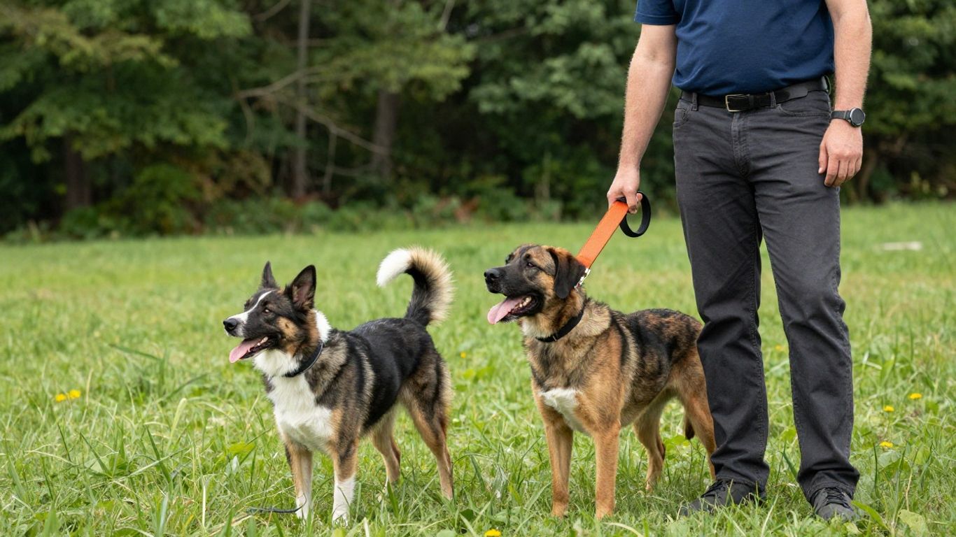 A professional trainer working with an obedient dog outdoors