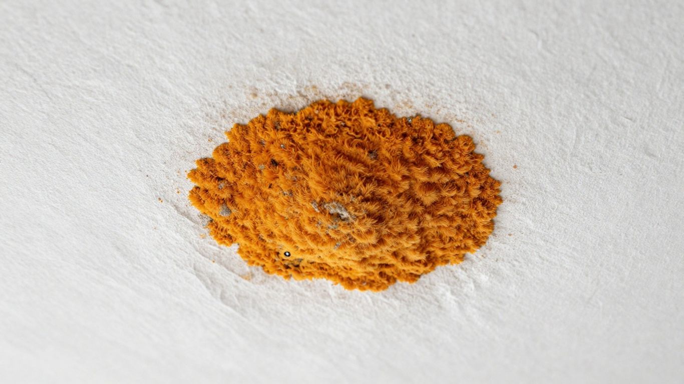 Orange mold growing on a white ceiling surface.