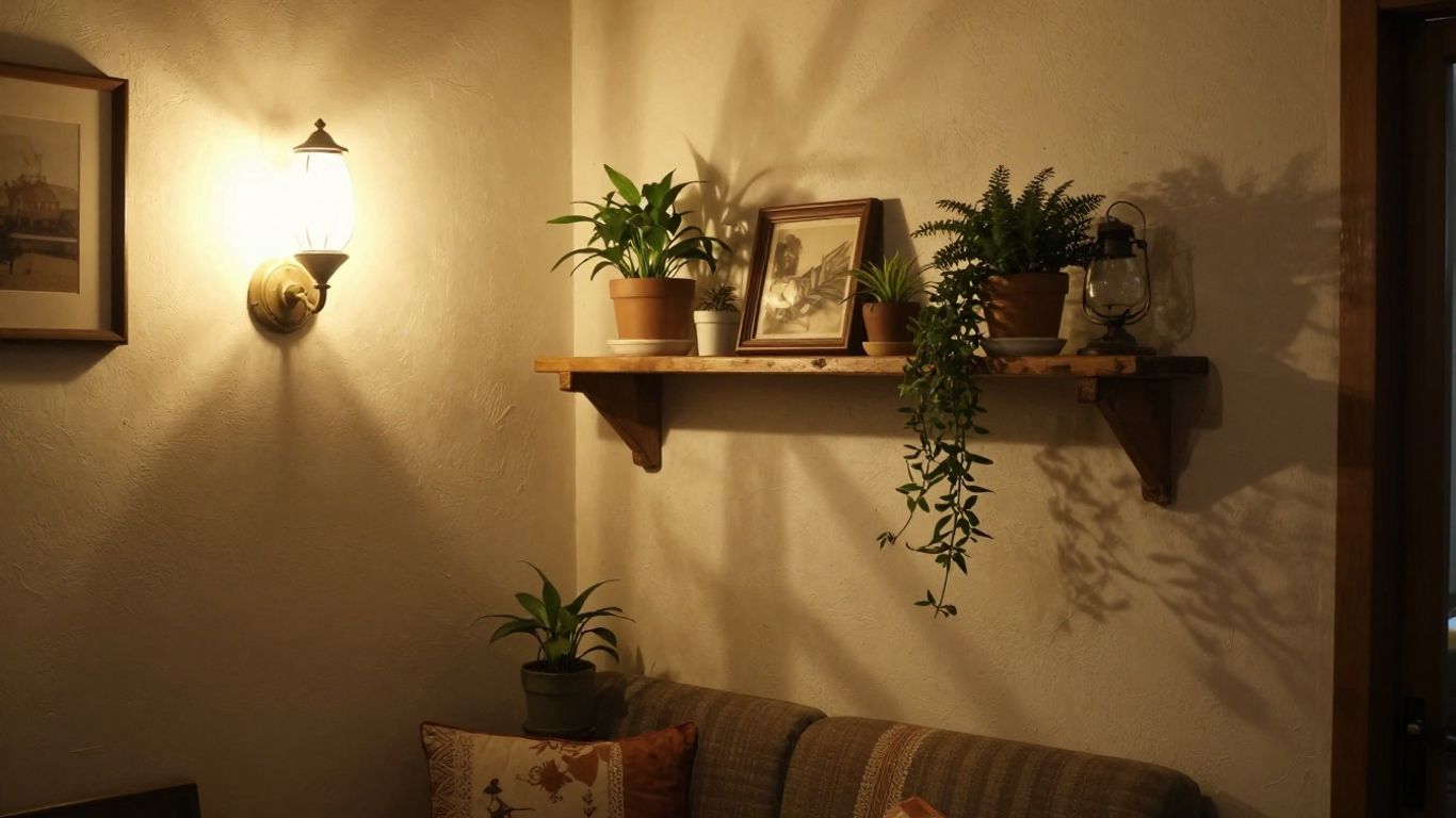 Vintage wall lights illuminating a cozy room corner.