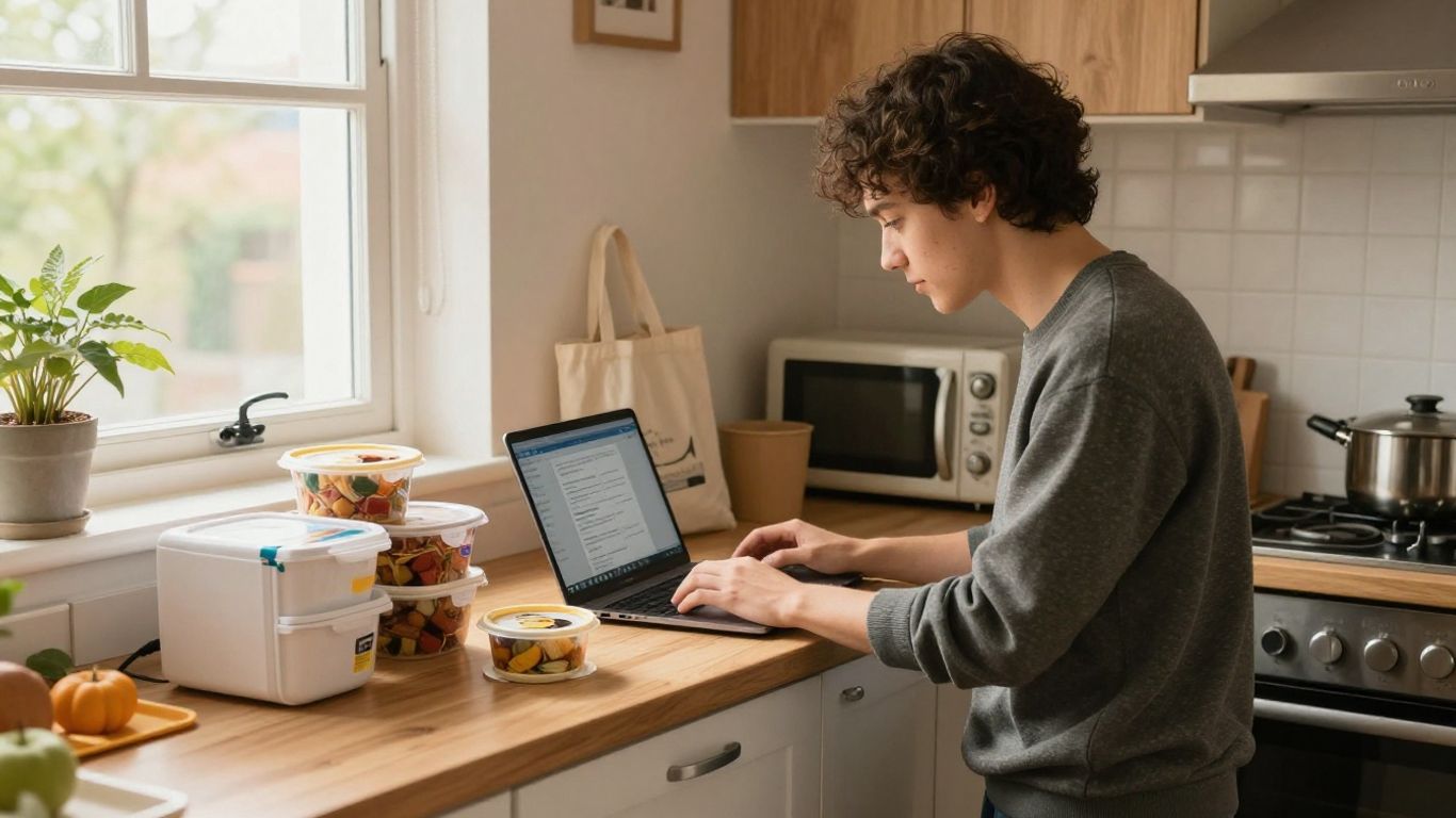 Student choosing meals beside a university freezer