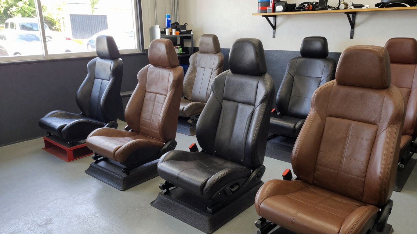 Used BMW seats arranged inside Melbourne workshop