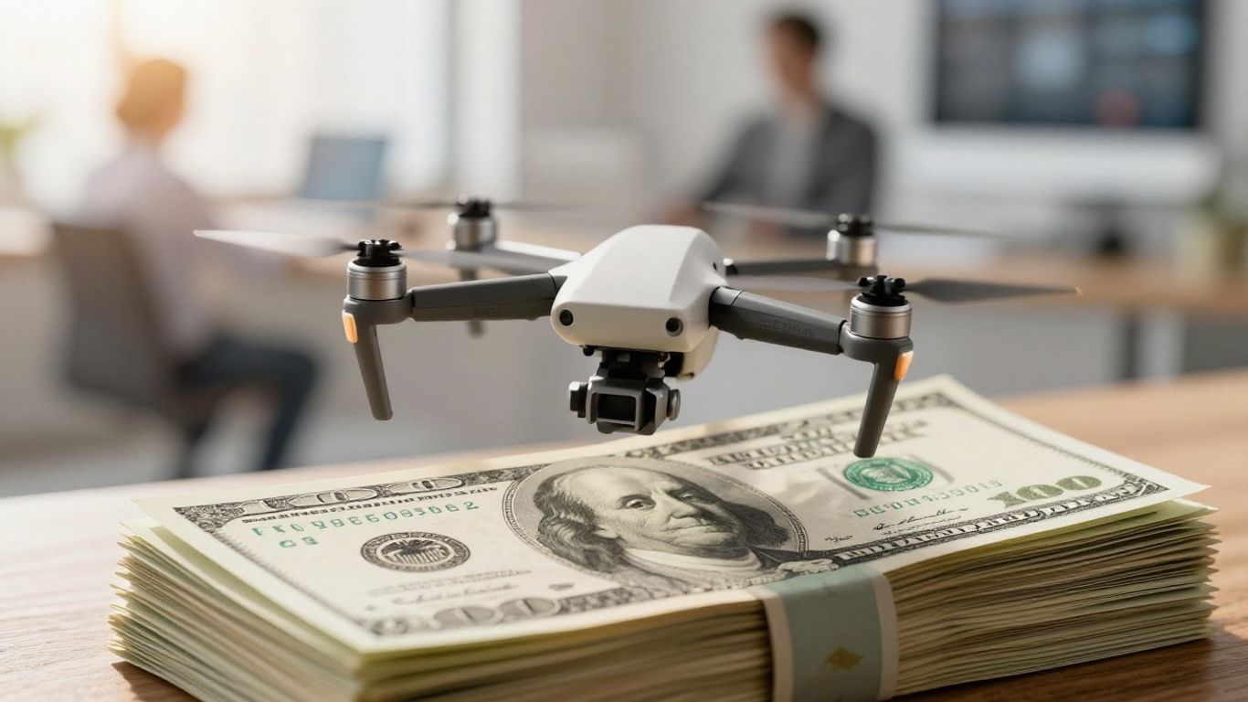 Drone hovering over money, symbolizing business costs.