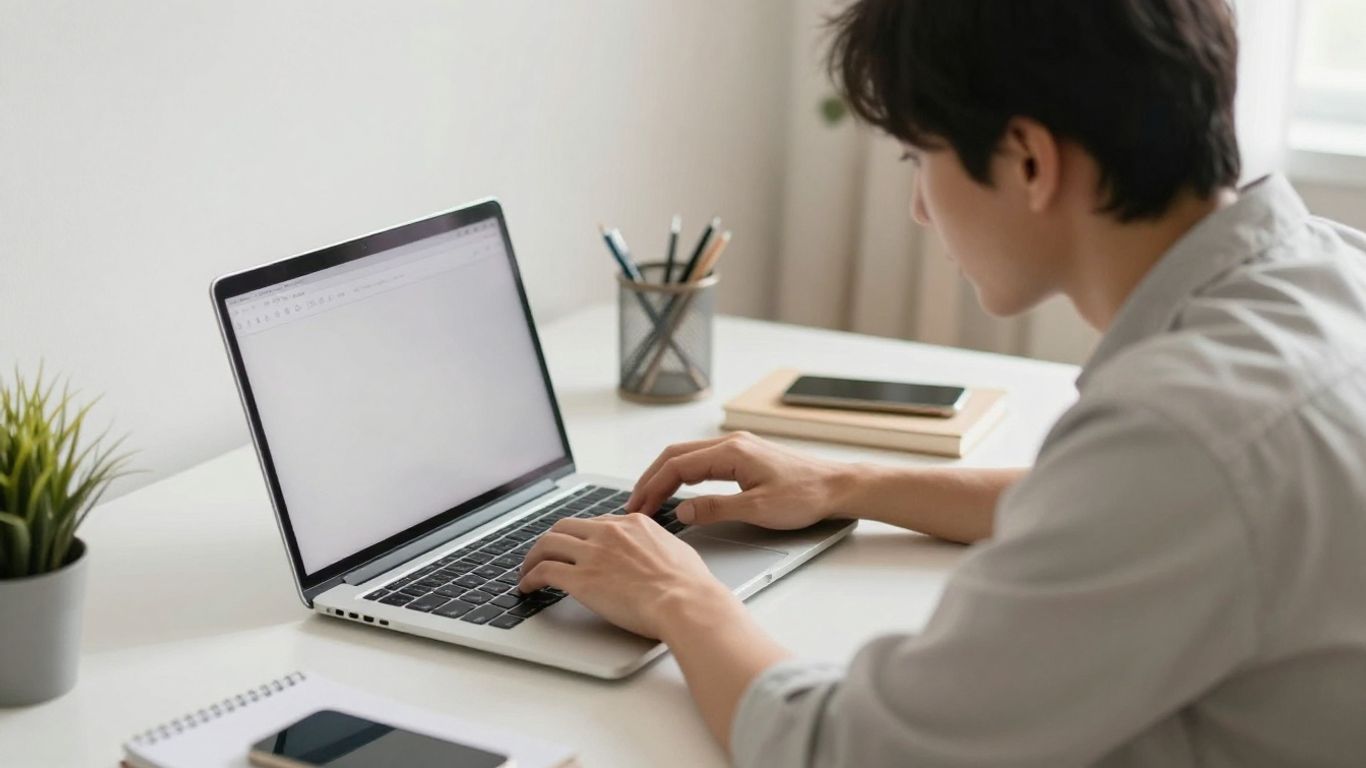 Focused affiliate marketer working productively at a clean desk.