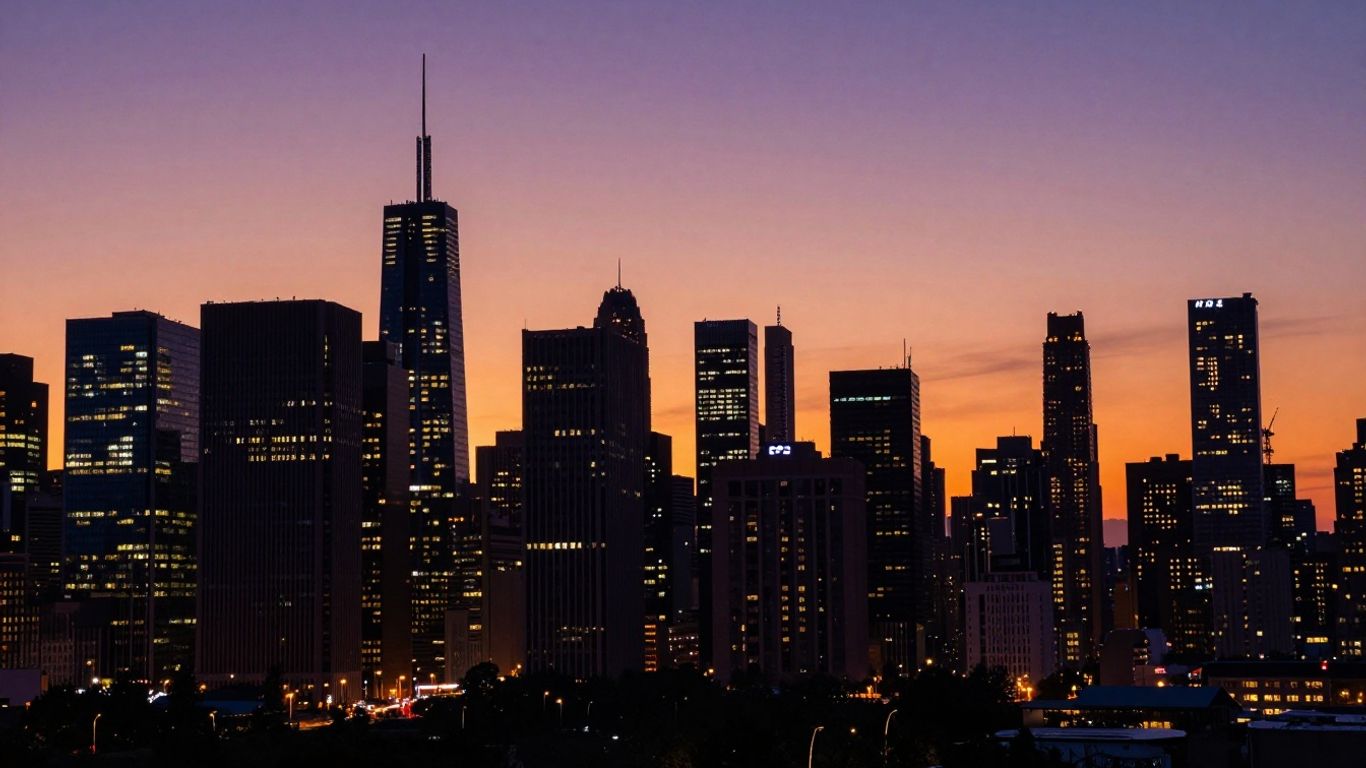 Cityscape at dusk with illuminated skyscrapers.