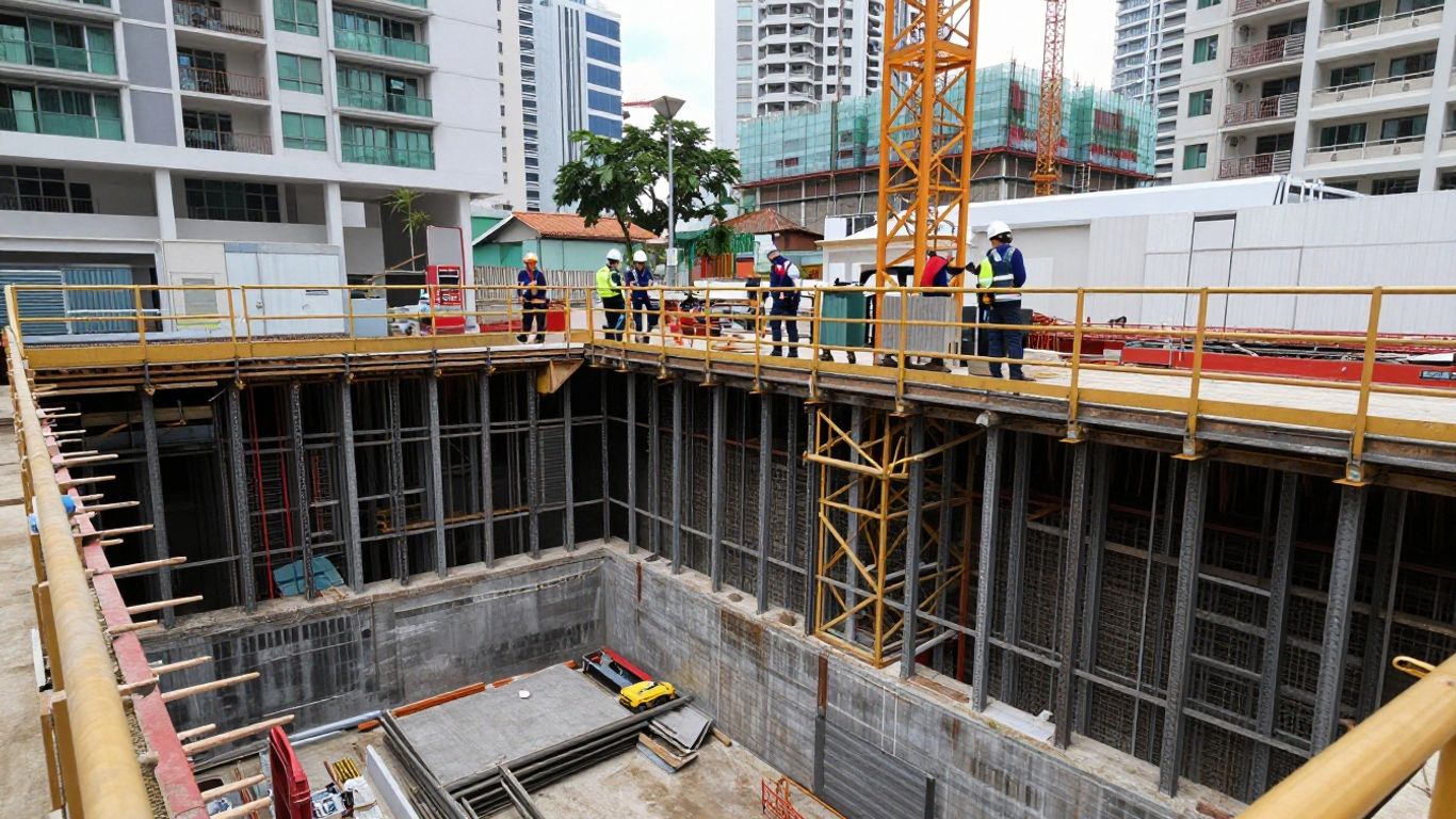 Temporary excavation support beside urban structures