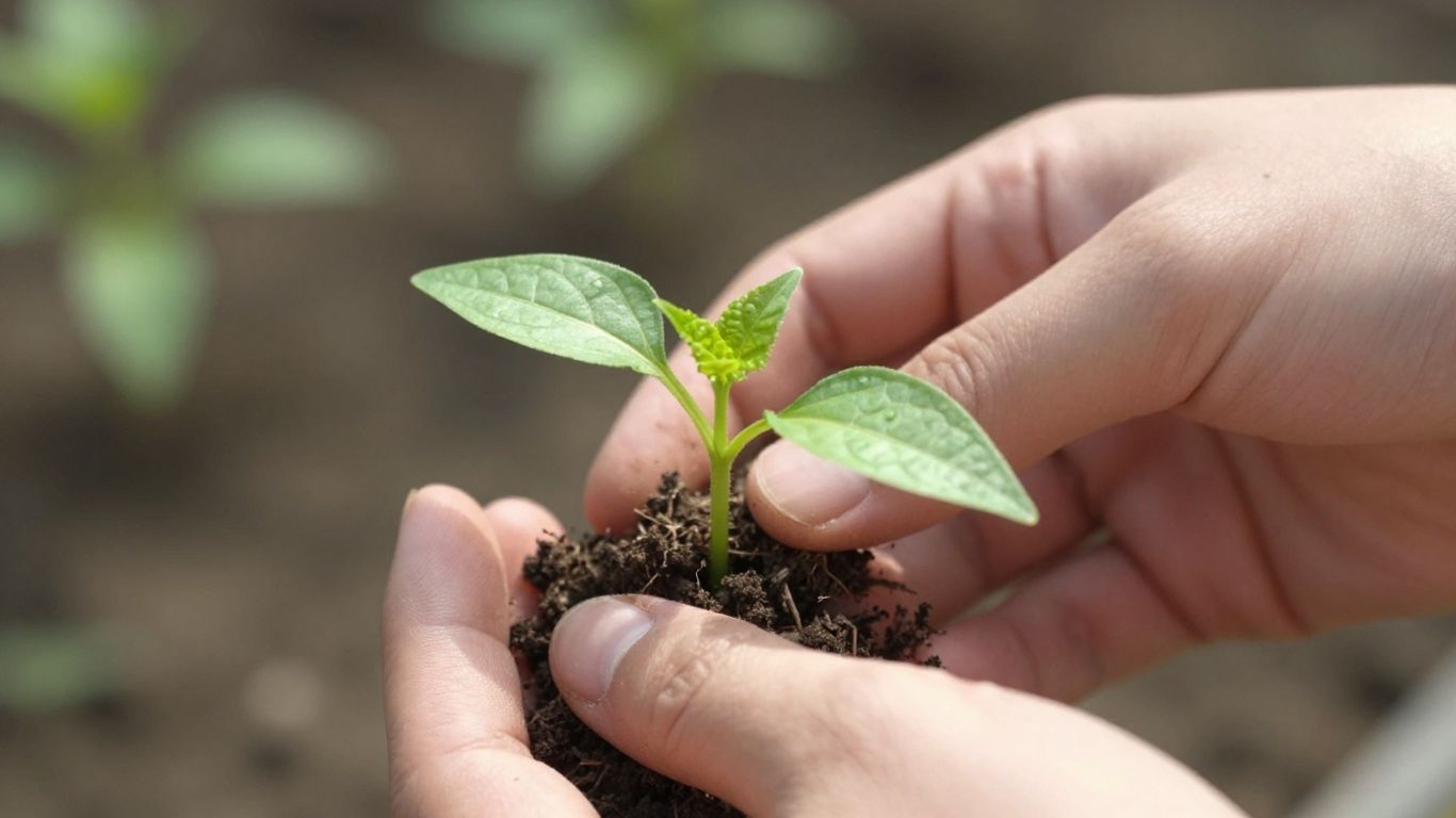 Hands holding a small green seedling.