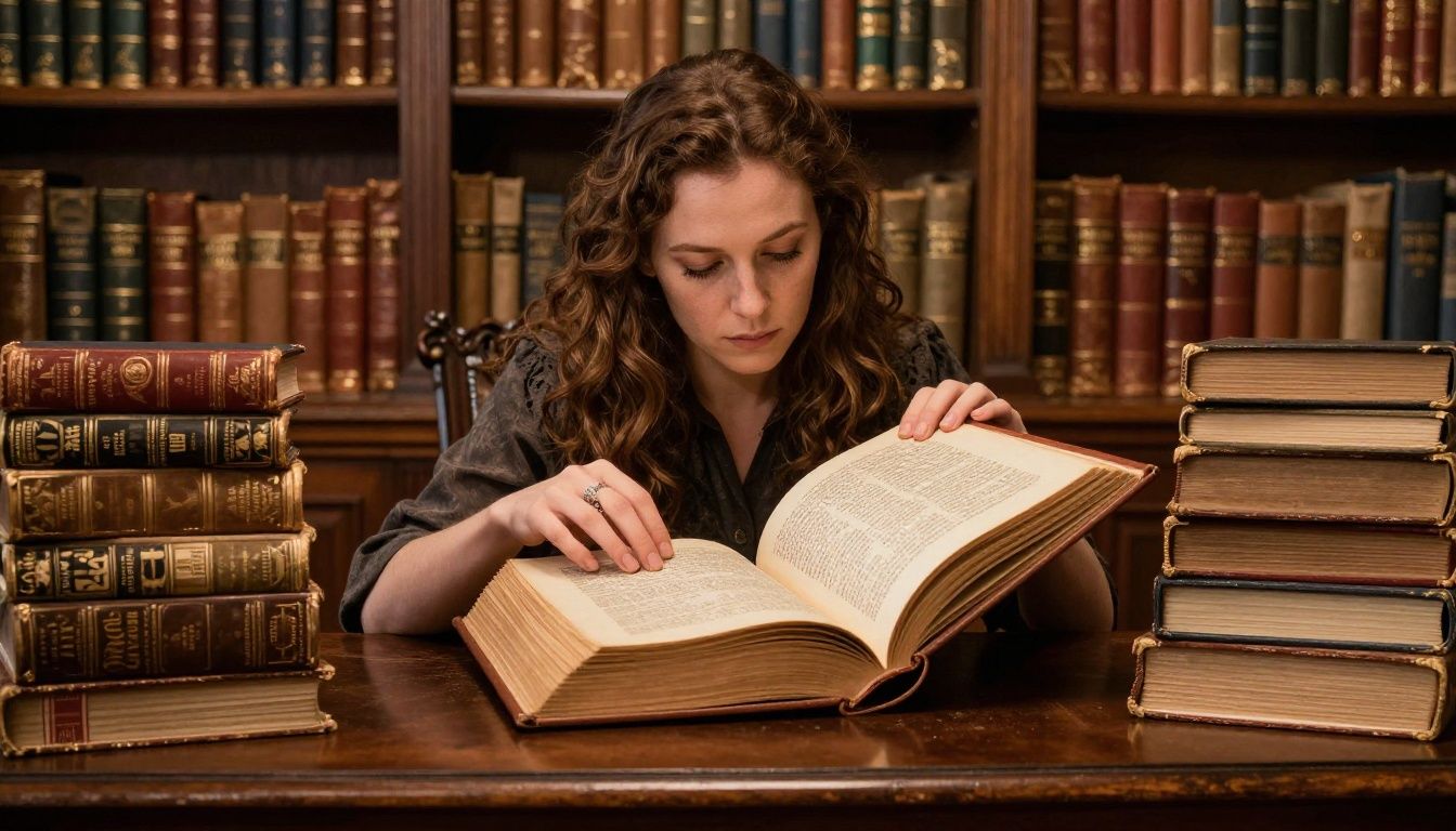 Biblioteca arcana repleta de livros mágicos, prateleiras antigas e uma bibliotecária organizando grimórios brilhantes