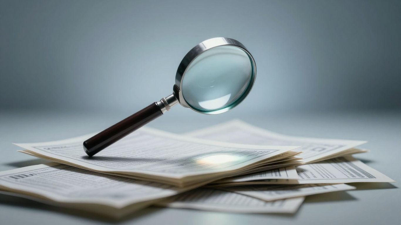 Magnifying glass over medical bills, highlighting compliance.