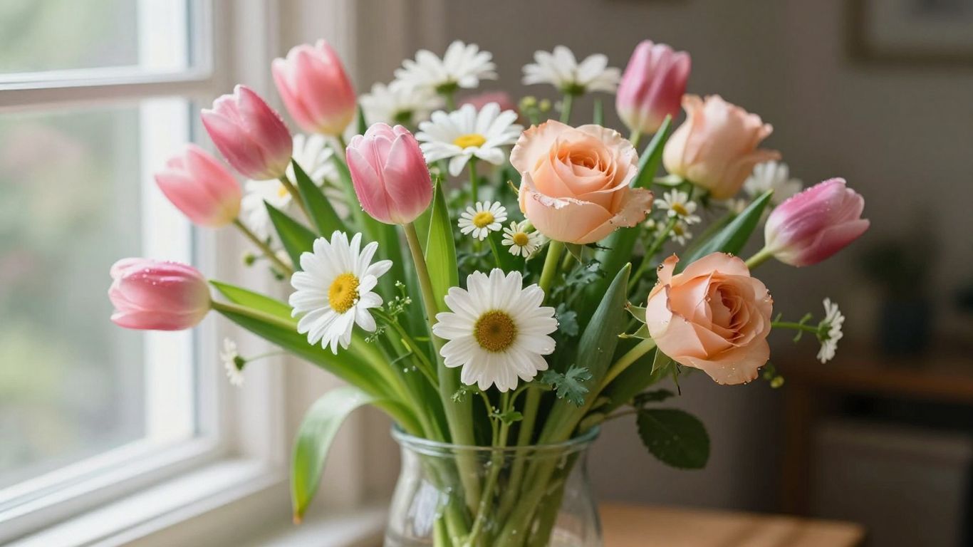 Fresh flower bouquet in glass vase near window