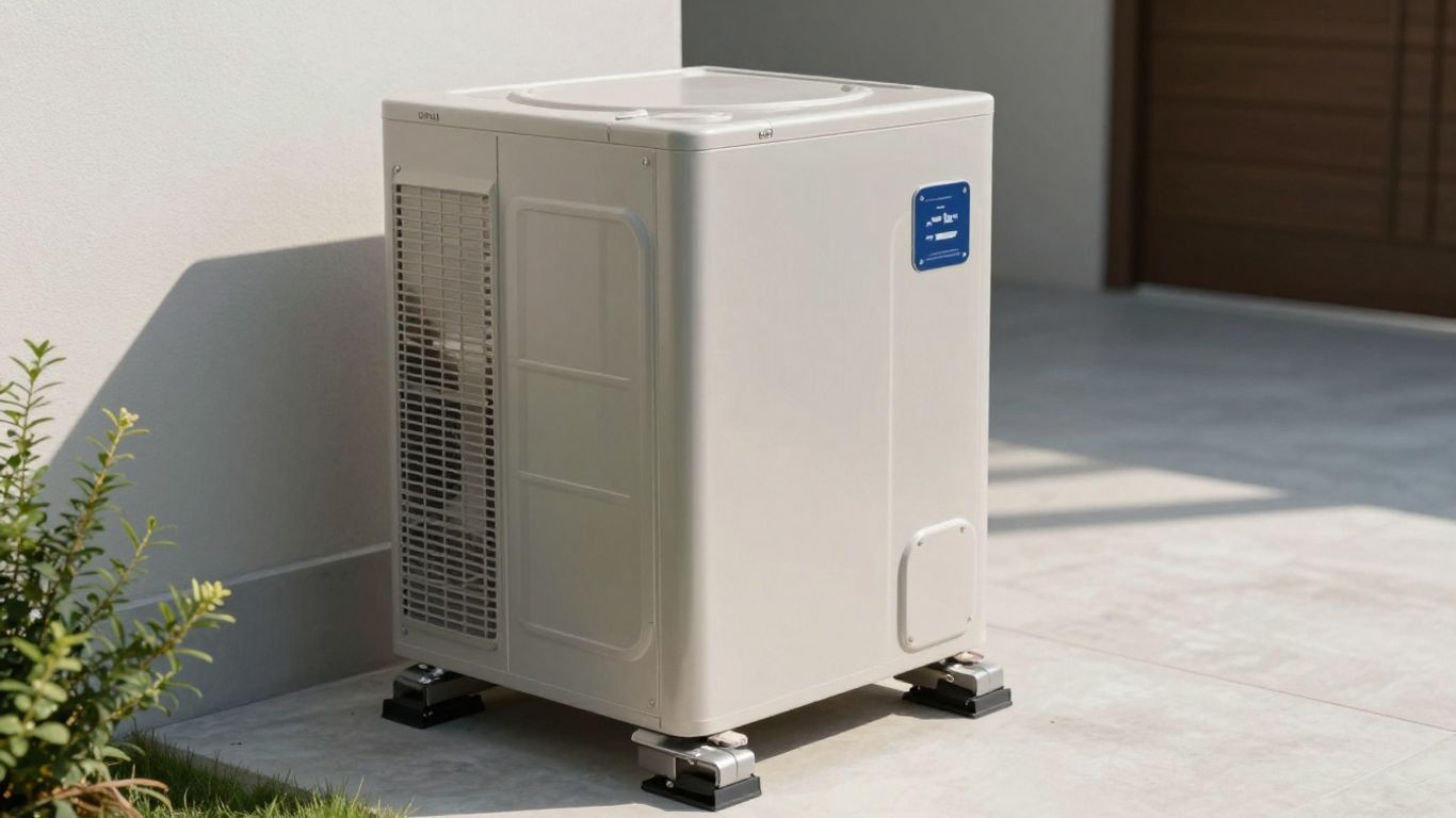 Pompe à chaleur extérieure dans un jardin.