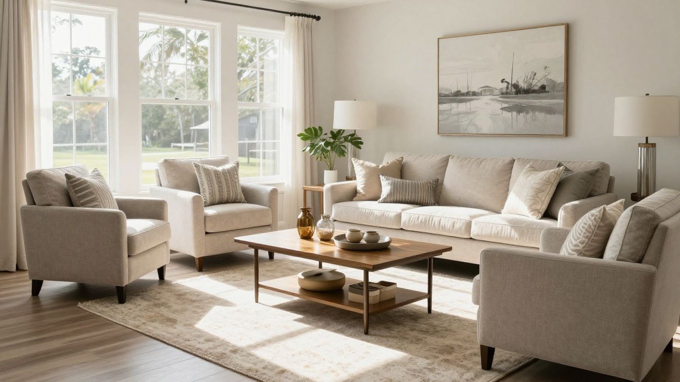 Destin Airbnb living room with affordable, stylish furniture.