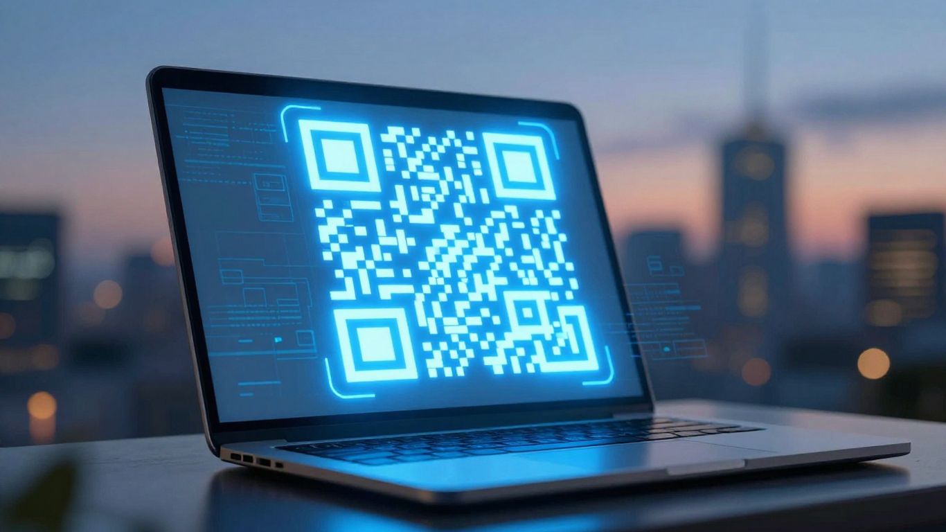 Dynamic QR code glowing above a laptop.