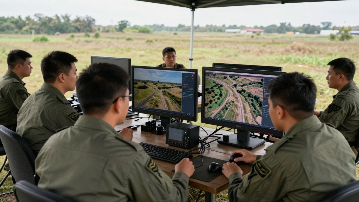 Ground team reviewing aerial observation imagery