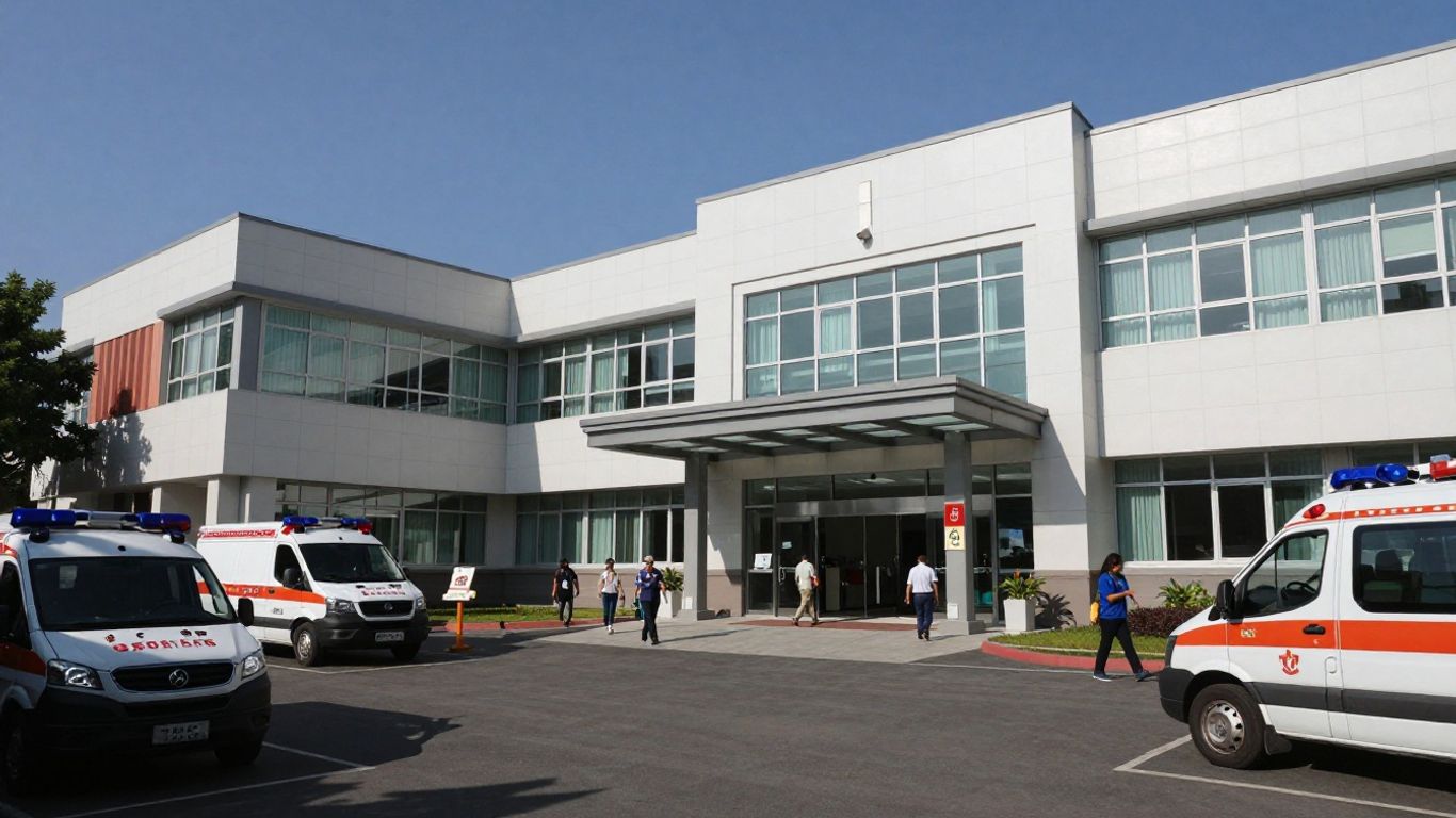 Exteriorul unui spital public modern cu ambulanțe parcate.