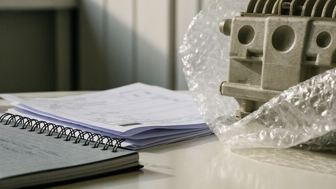 Genuine Skoda component beside vehicle documents