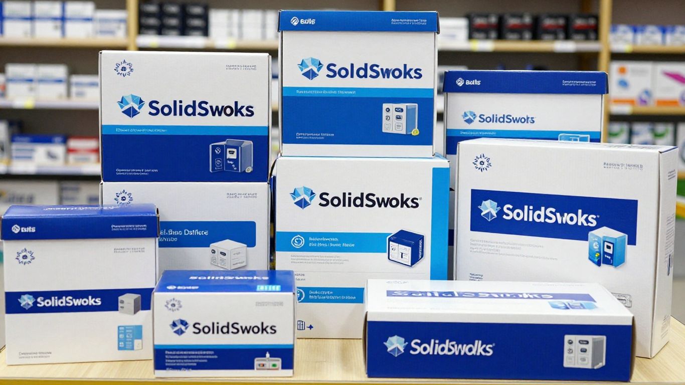 SolidWorks software boxes and branded merchandise.