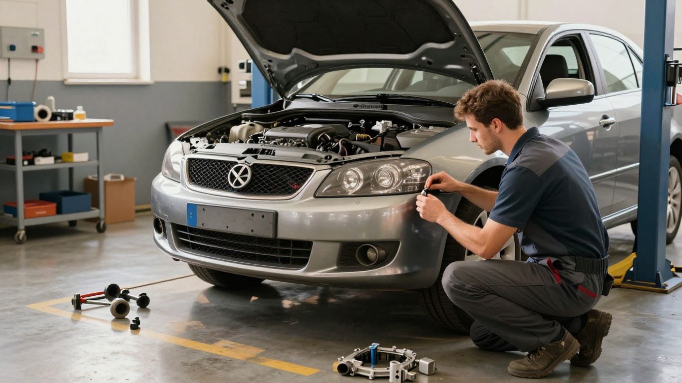European car engine repair in modern workshop