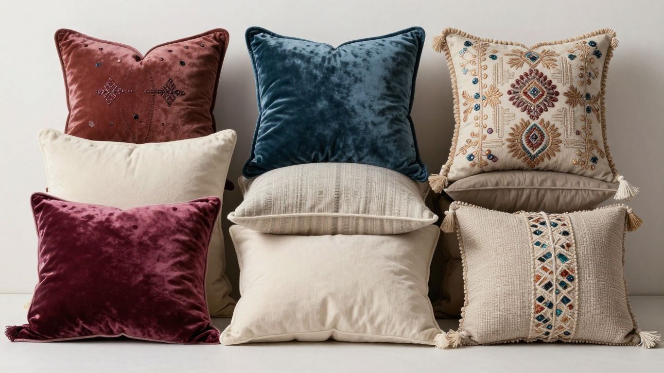 Decorative pillow covers with various textures and embellishments.