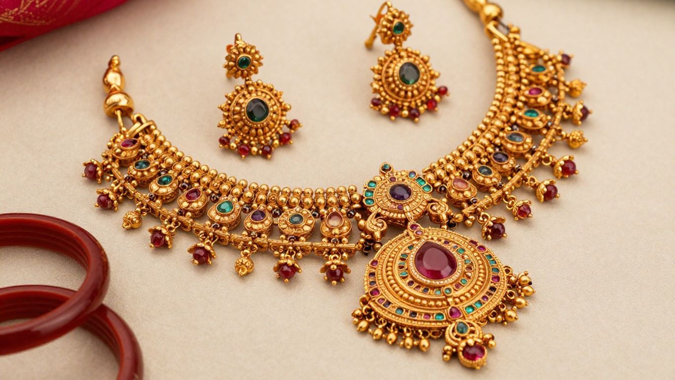 Intricate Indian temple jewellery with gold and gemstones.