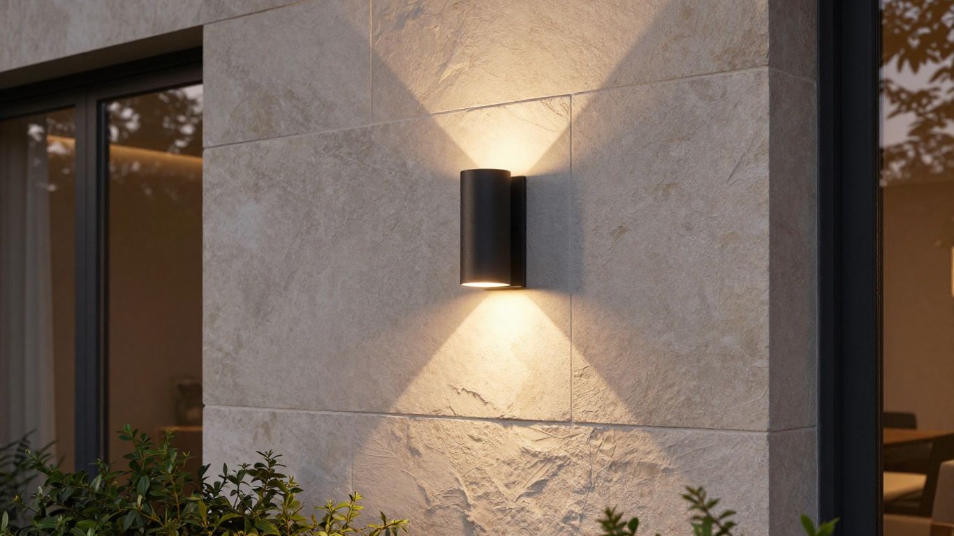 Modern home exterior with stylish wall lamps at dusk.