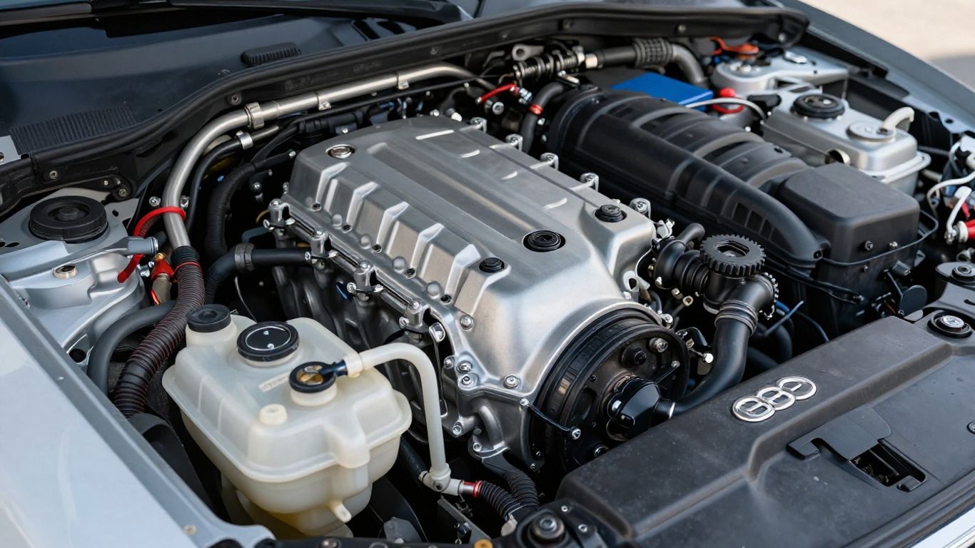 Gebrauchter Motorraum des Audi A4 B9 mit leicht zugänglichen Serviceöffnungen