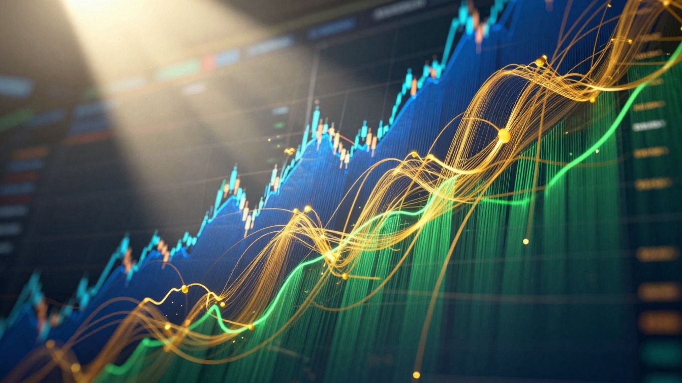 Person learning about options trading with abstract market visuals.