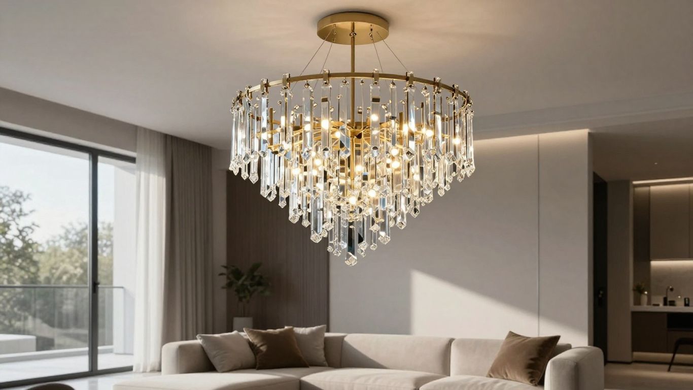 Modern chandelier illuminating a stylish living room