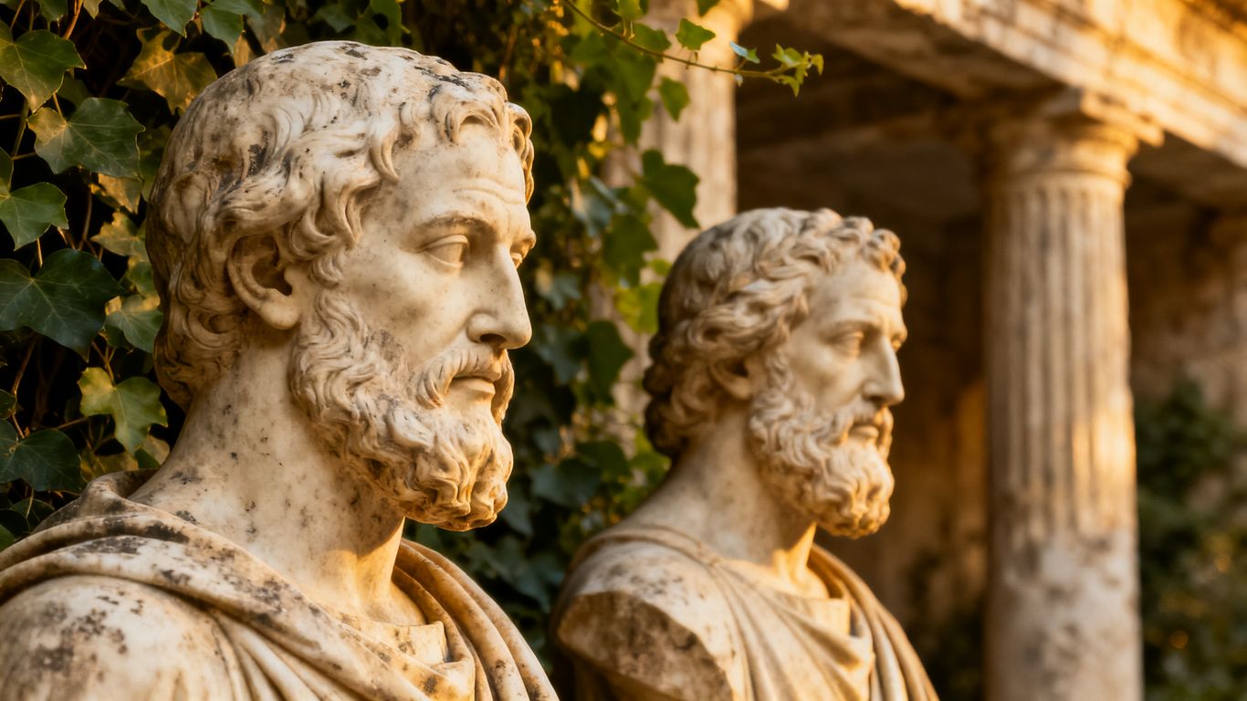 Busts of famous philosophers in a scholarly, natural setting.
