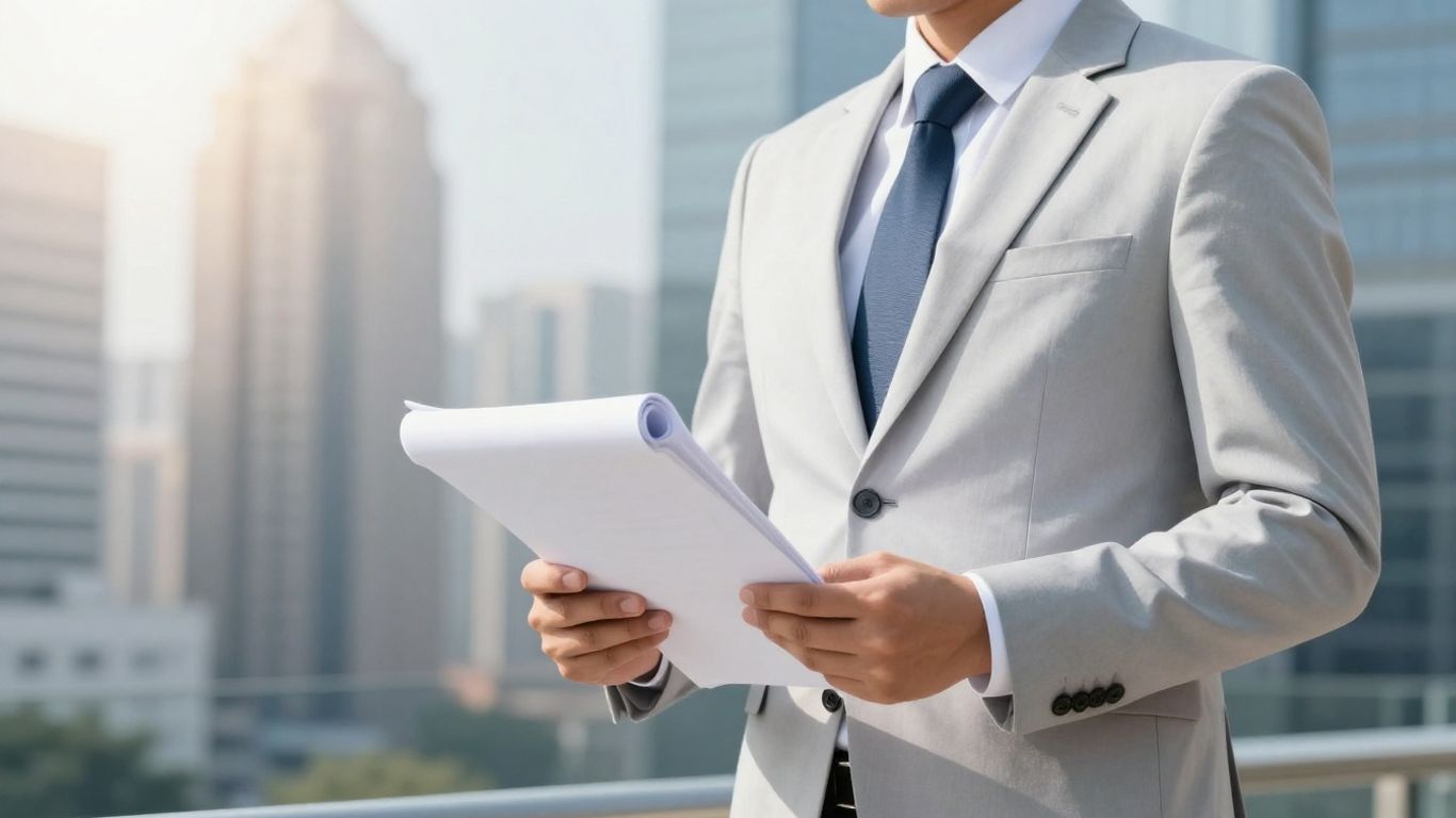 Profesional con un documento, ciudad al fondo, luz brillante.